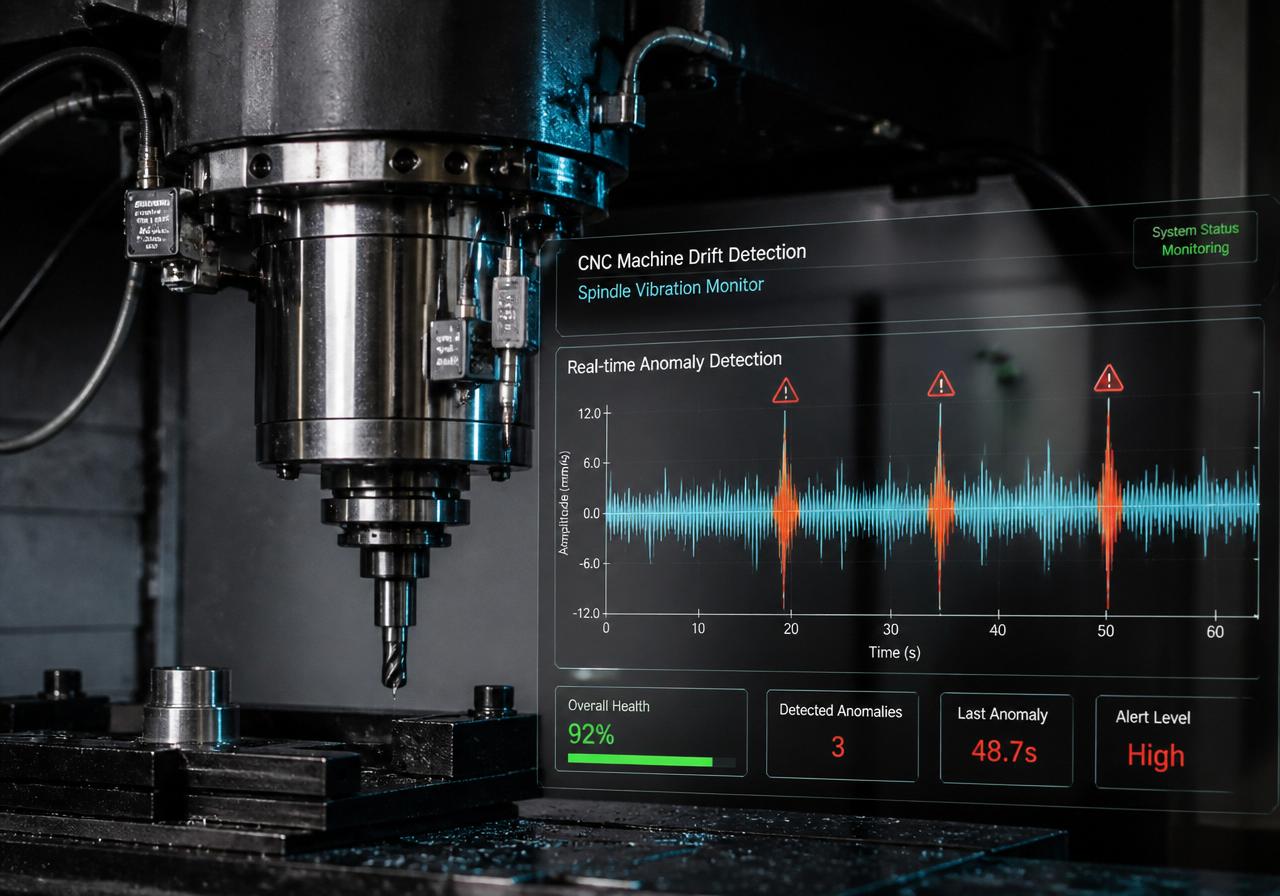 CNC spindle instrumented with vibration sensors and real-time anomaly detection dashboard