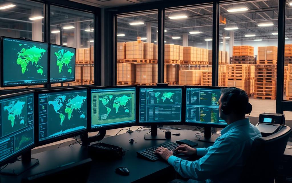 Logistics control room with order tracking screens overlooking a warehouse of palletised crates