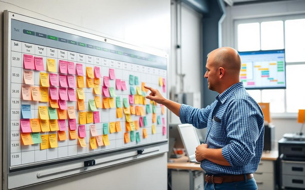 Production planner at a factory scheduling board with job cards and a capacity chart on a wall screen