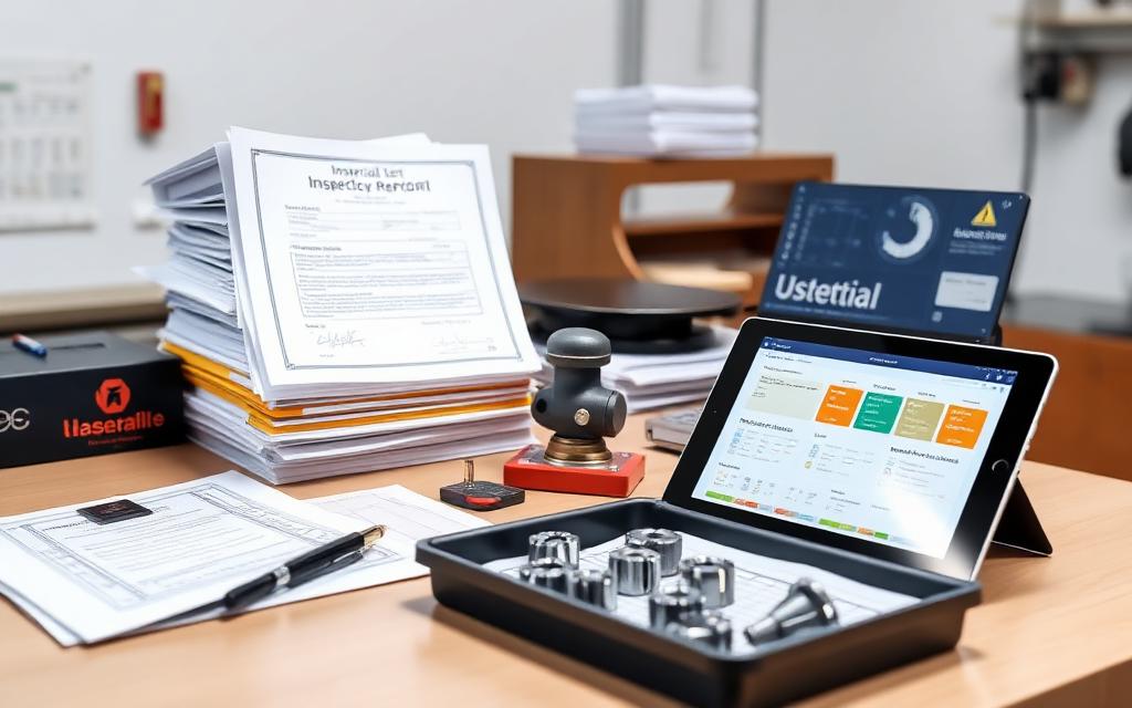 Quality desk with inspection report folders, material certificates and an inspection dashboard on a tablet