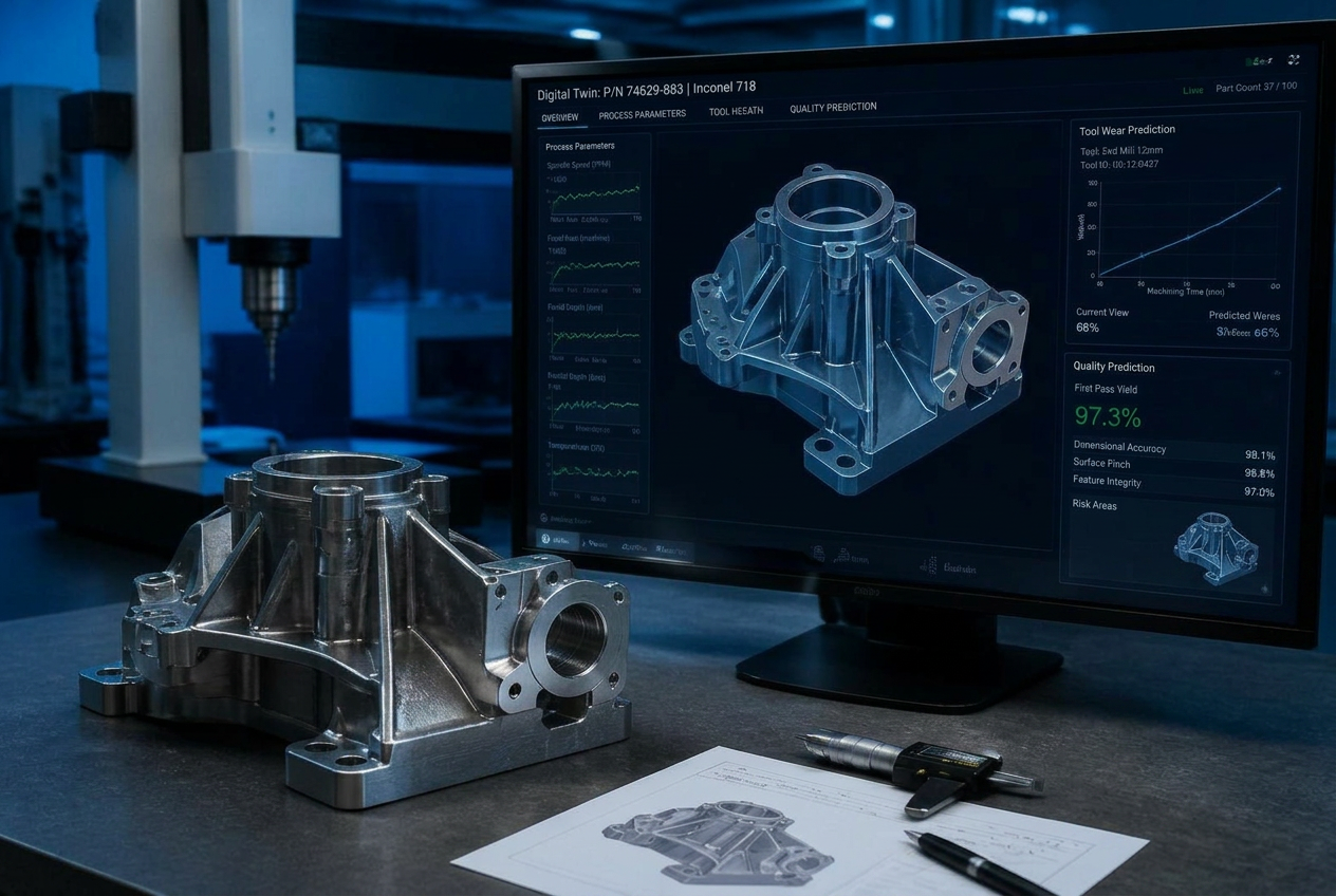 Precision aerospace part beside its digital twin showing tool-wear and first-pass-yield predictions