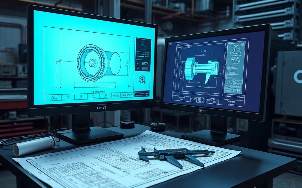 Engineering workstation showing a CNC part drawing with GD&T dimensions next to a printed blueprint and calipers