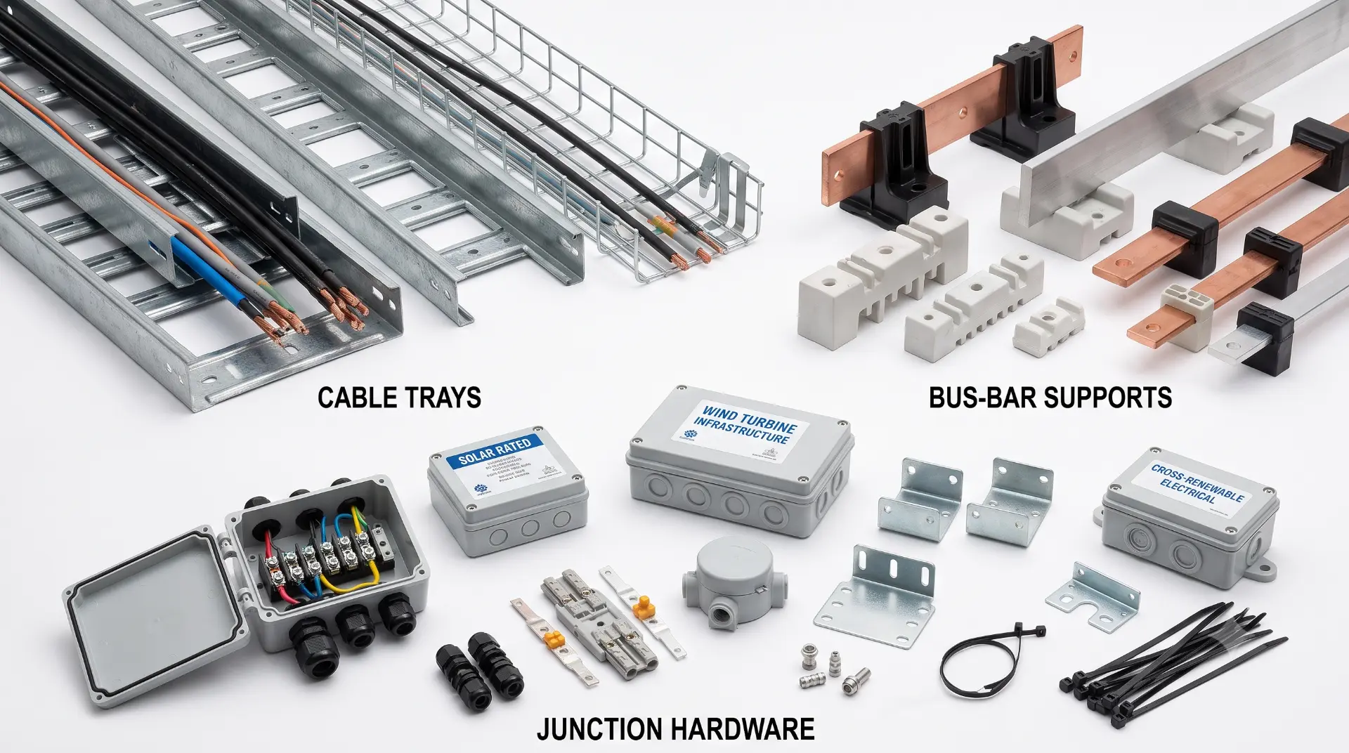 Cable Trays, Bus-Bar Supports & Junction Hardware — manufactured by TruSkew for Renewable Energy