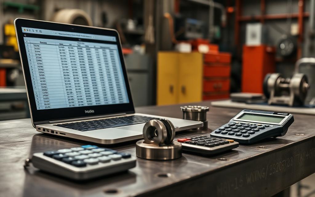 Machine-hour rate model open on a laptop on a workbench beside turned steel components