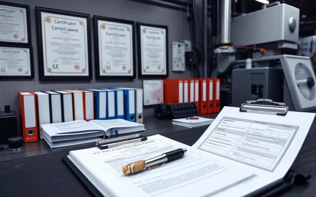 Certification desk with framed quality certificates, standards binders and a compliance checklist