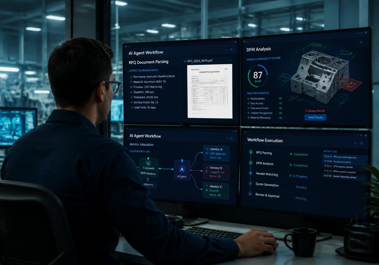 Engineer monitoring AI agent workflows for RFQ parsing, DFM analysis and vendor allocation