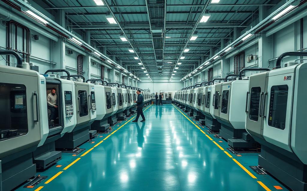 Precision job shop floor with rows of CNC machining centres and operators at work