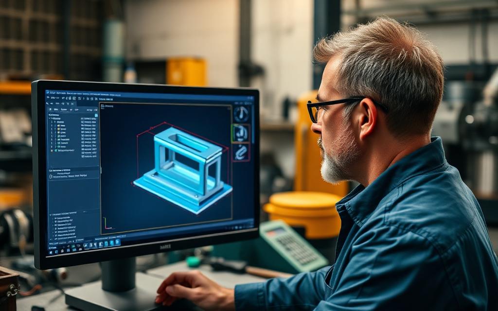 Engineer reviewing a 3D CAD model of a machined bracket with flagged features on a workshop monitor