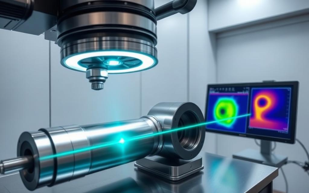 Machine vision inspection cell scanning a machined shaft with a deviation heat map on the adjacent monitor