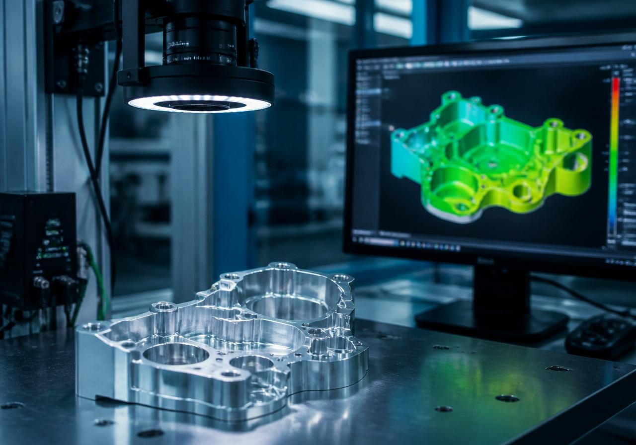 AI computer vision inspection of a CNC-machined part with CAD deviation heat-map