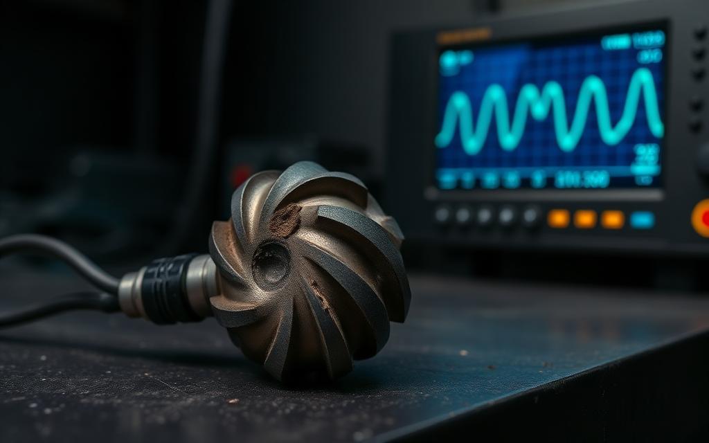 Worn carbide milling cutter on a bench with a vibration signal waveform displayed behind it