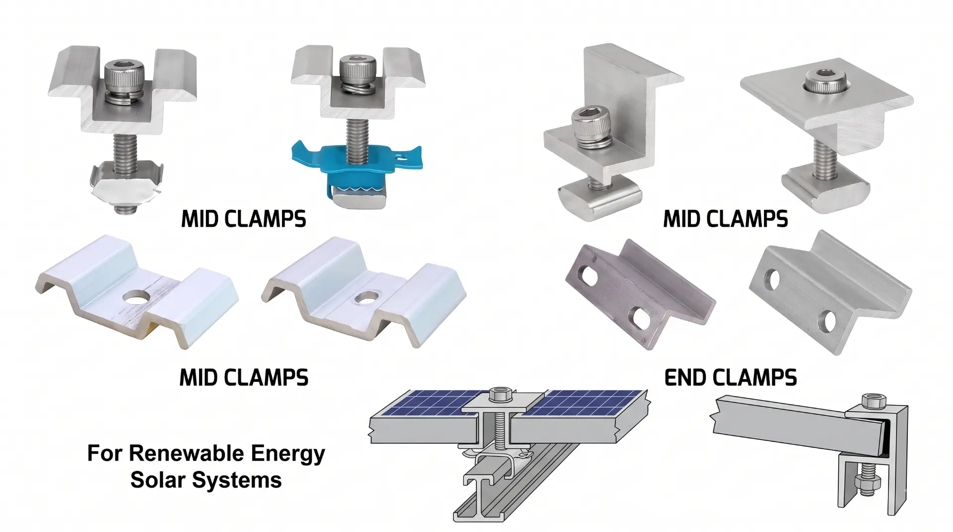 Module Mounting Clamps (Mid & End) — manufactured by TruSkew for Renewable Energy