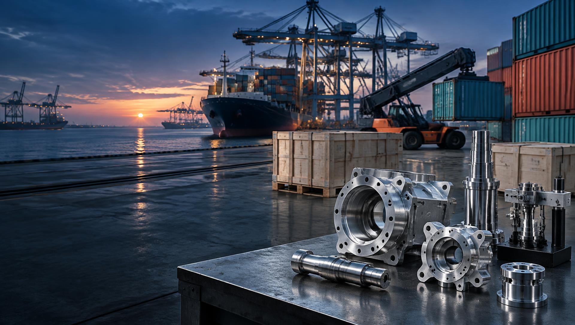 Precision machined components prepared for international shipment at a container port